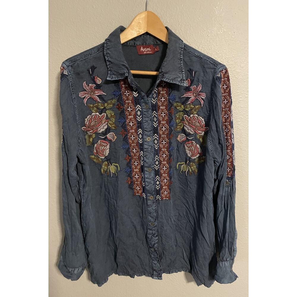 Avani Del Amour Womens Top Size Large Blue Floral Embroidered Button Up Boho